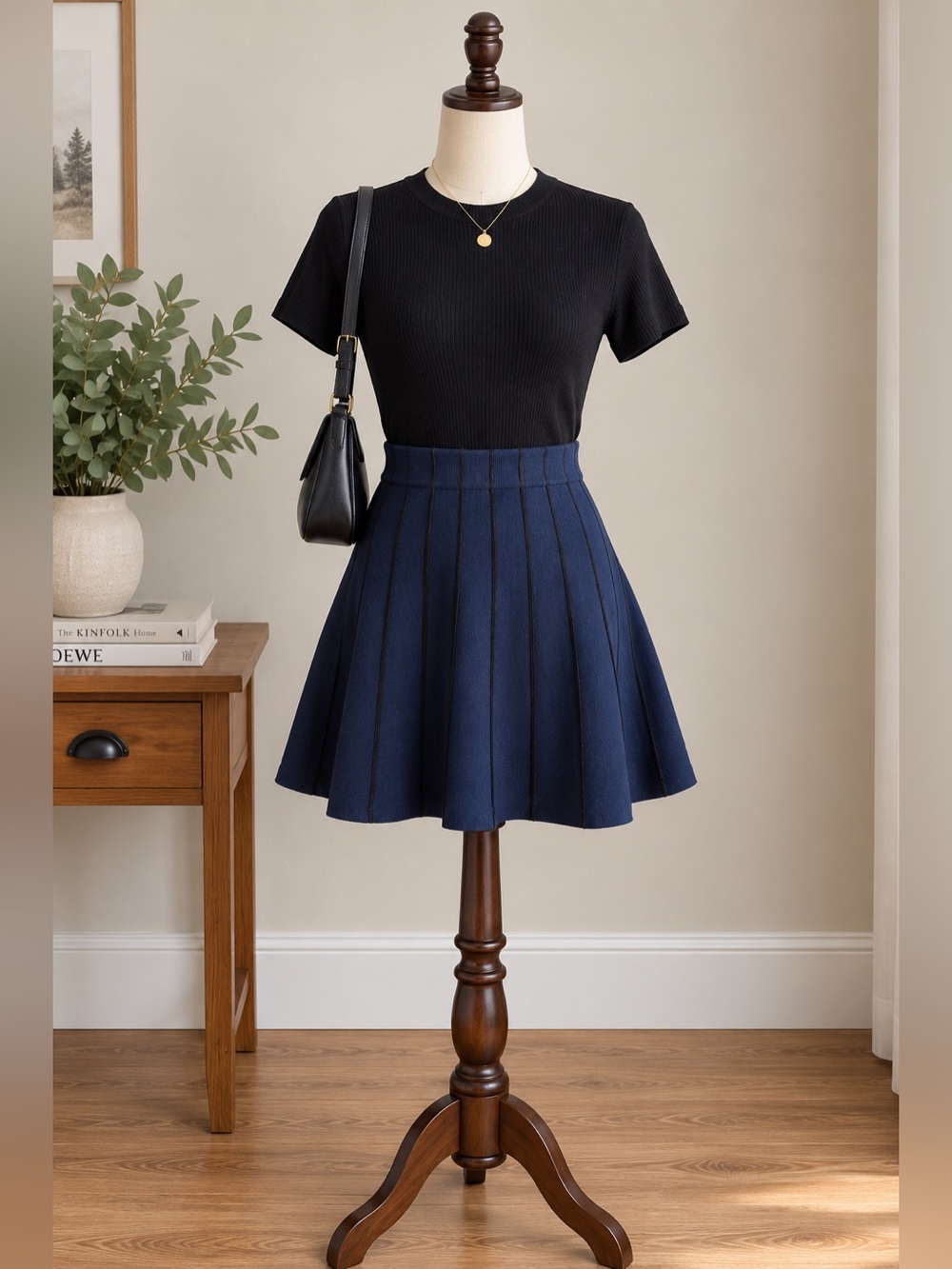 Icône Navy Black Striped Knit Skater Skirt Small Preppy Dark Academia